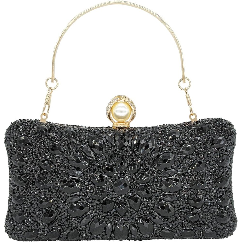 Stylish Black Satin Evening Clutch With Gold Frame - Versatile Use
